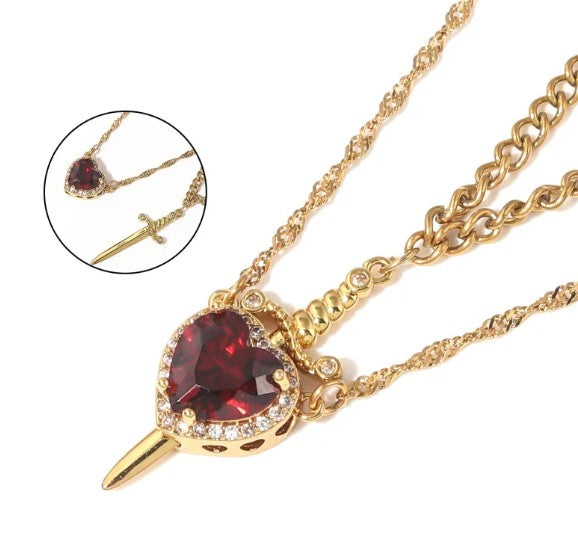 Love Dagger Couple Necklace — Heart Piercing Pendant Set for Two
