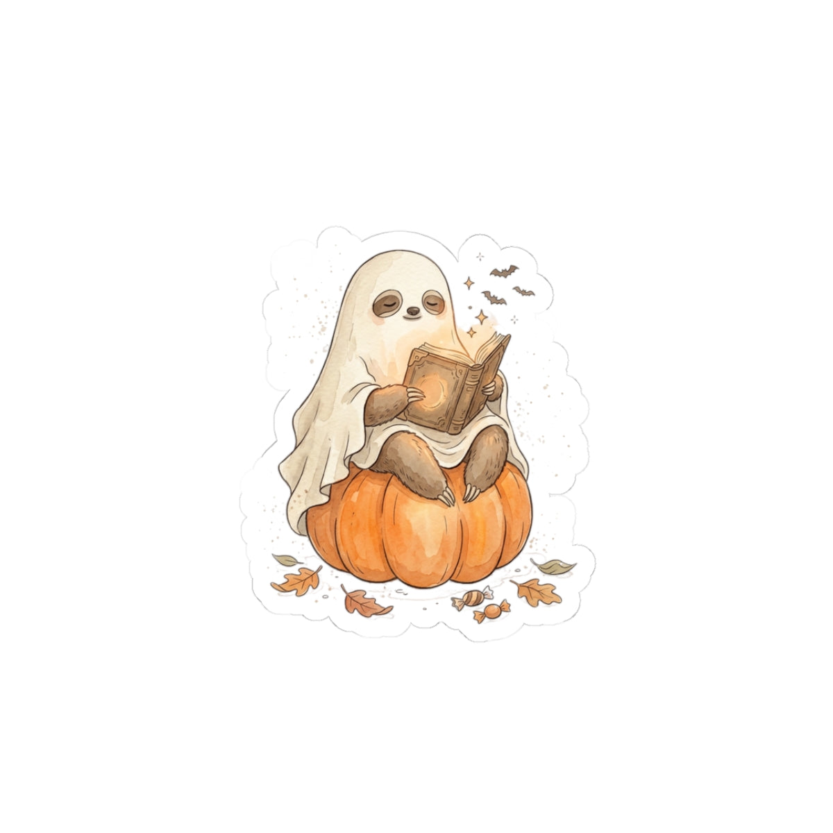 Ghost Sloth on Pumpkin Kiss-Cut Stickers | Spooky Animals Halloween Sticker