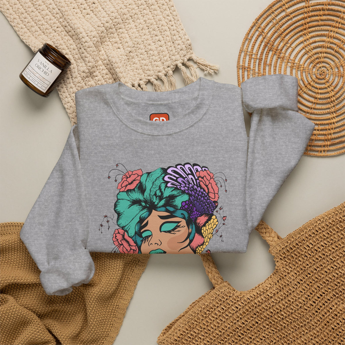 Floral Head Portrait Sweatshirt — "Thank You" Radiant Back Crewneck