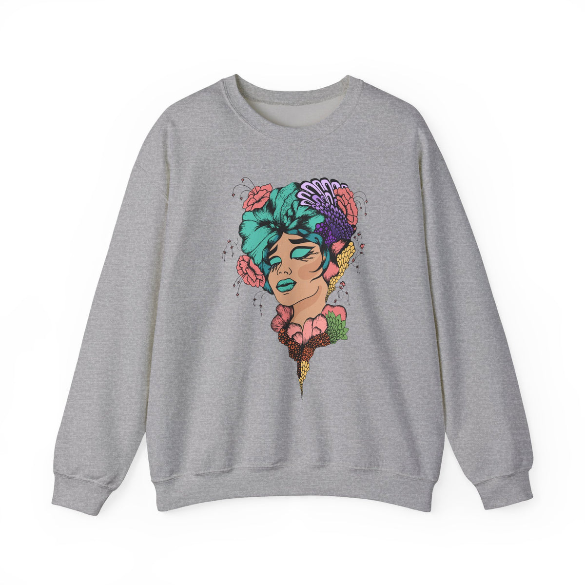 Floral Femme Portrait Sweatshirt — Vibrant Botanical Art Crewneck