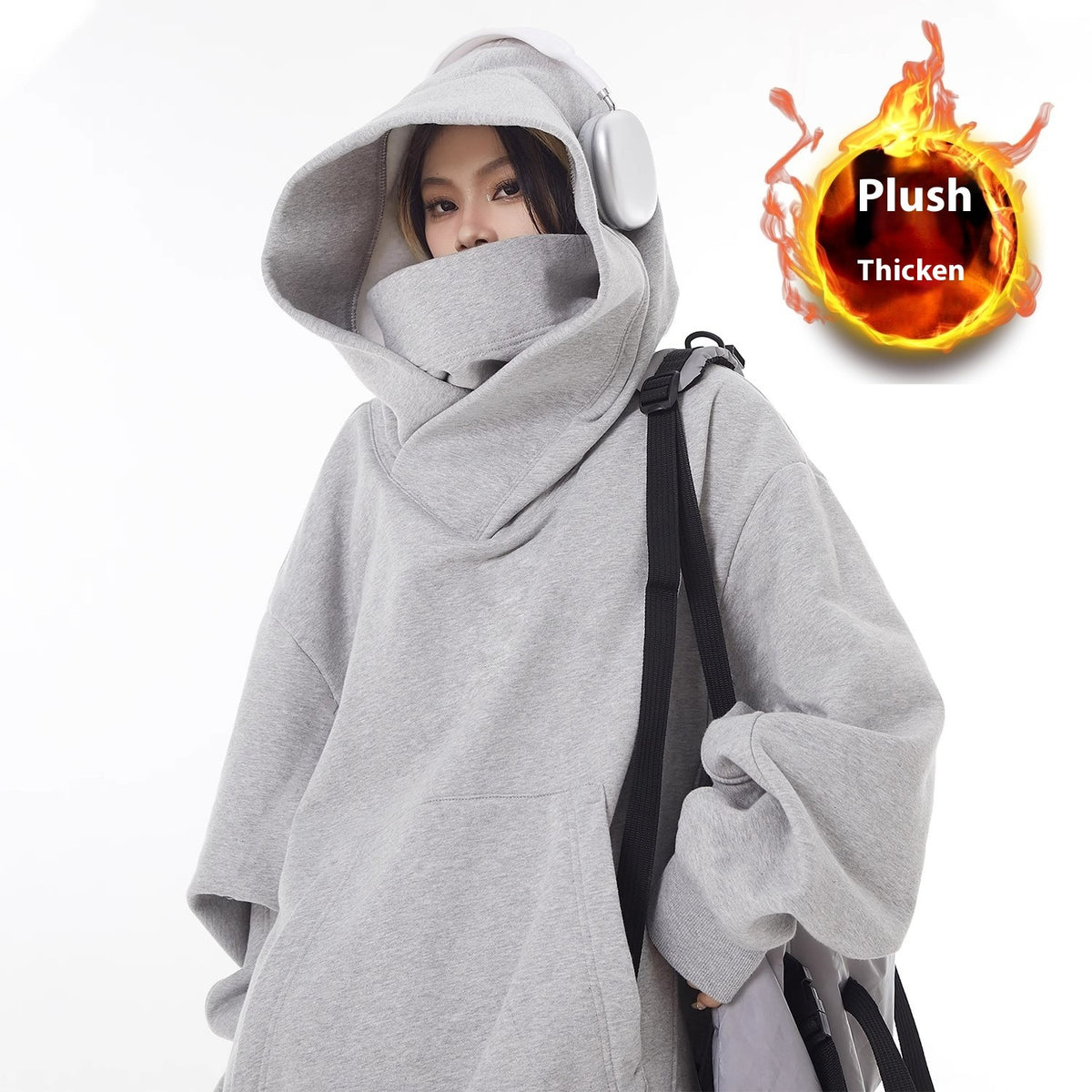 Loose High Collar Fleece-Lined Hoodie — Oversized Warm Sweater for Women