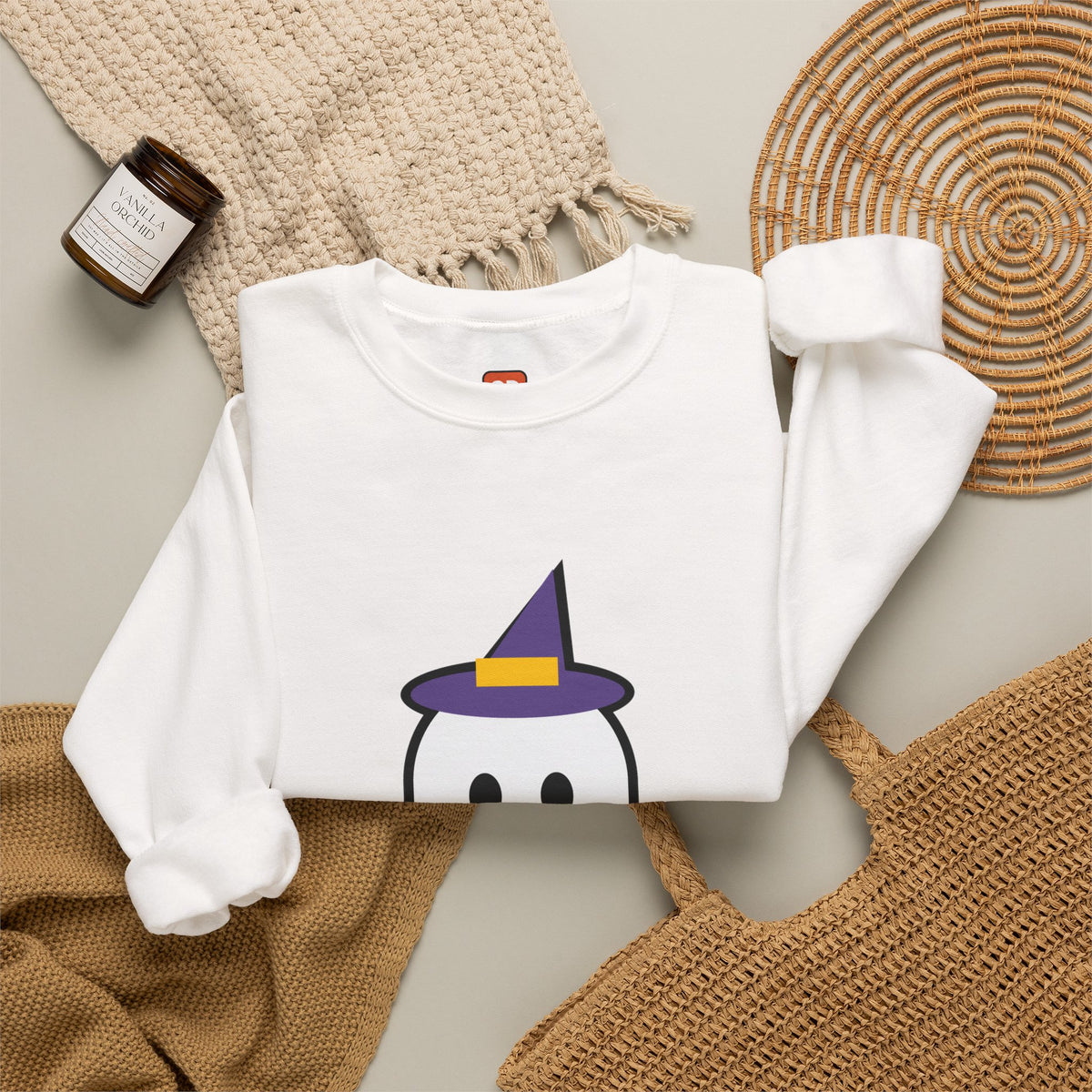 Halloween Ghost Crewneck Sweatshirt — 'BOO!' Pumpkin Hat Graphic