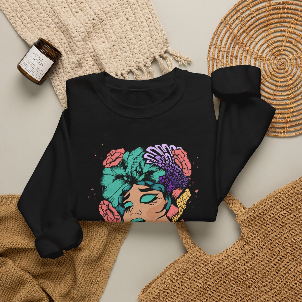Floral Femme Portrait Sweatshirt — Vibrant Botanical Art Crewneck
