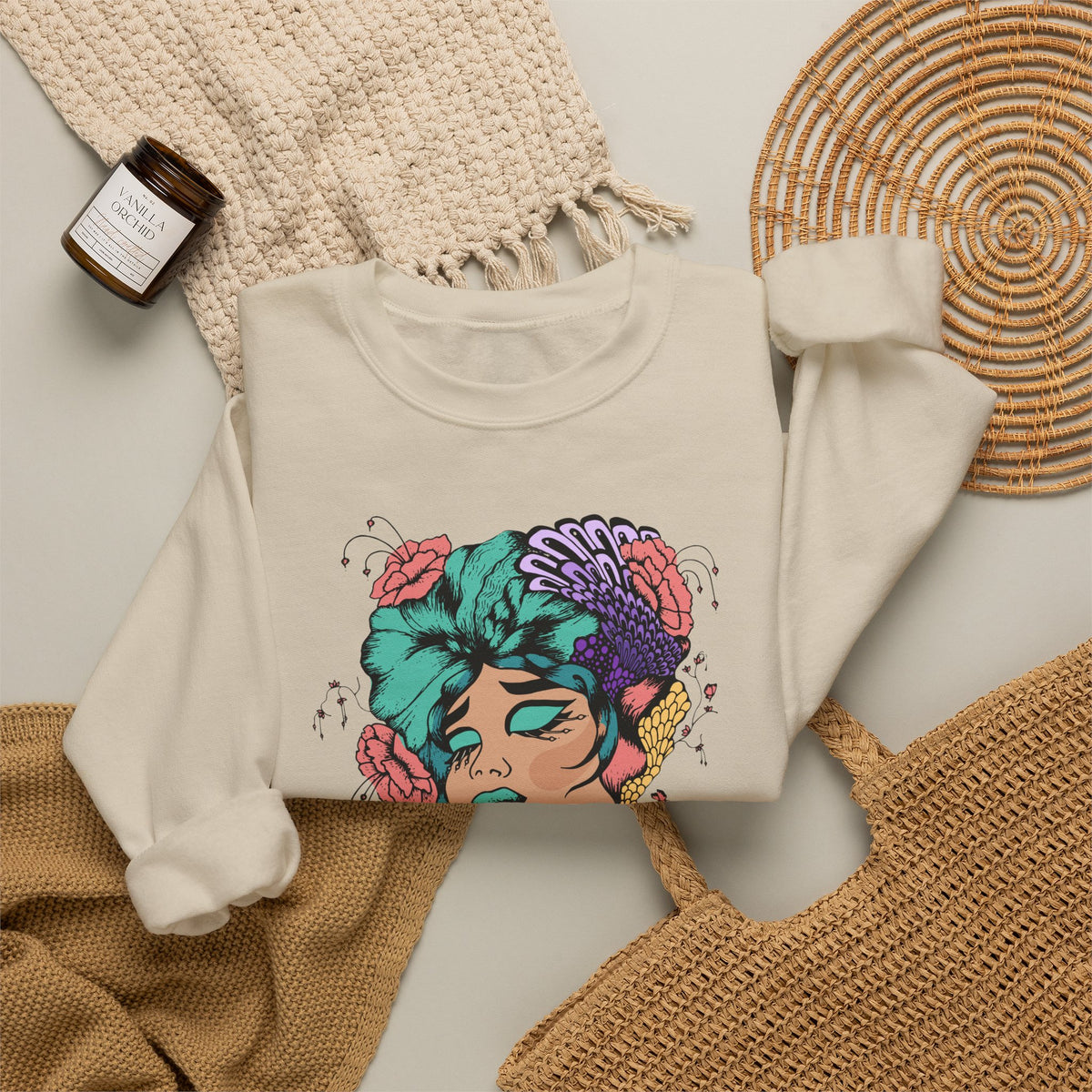 Floral Femme Portrait Sweatshirt — Vibrant Botanical Art Crewneck