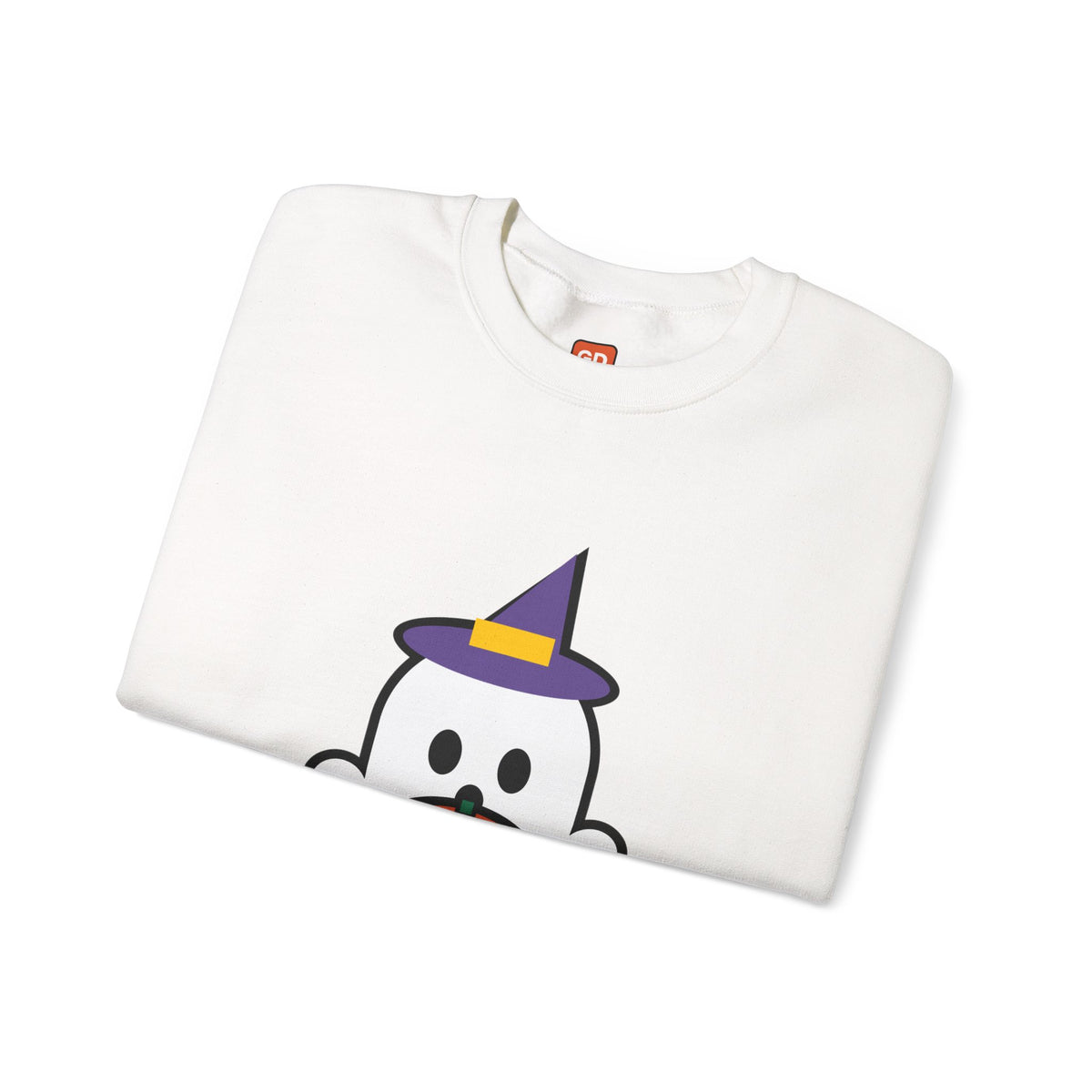 Halloween Ghost Crewneck Sweatshirt — 'BOO!' Pumpkin Hat Graphic