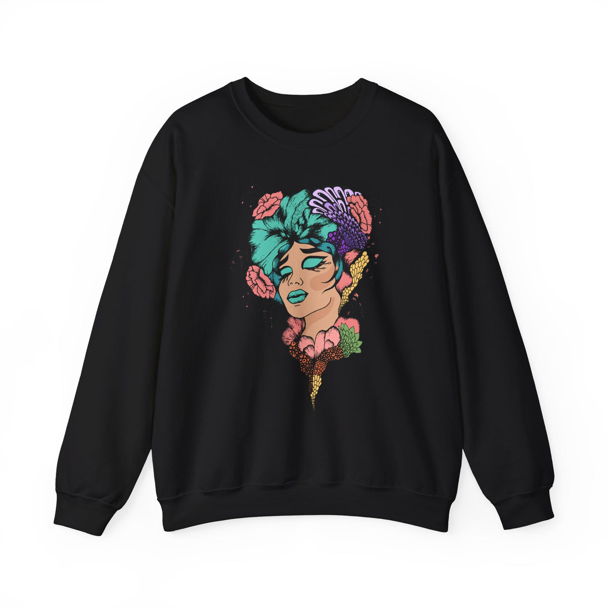 Floral Femme Portrait Sweatshirt — Vibrant Botanical Art Crewneck