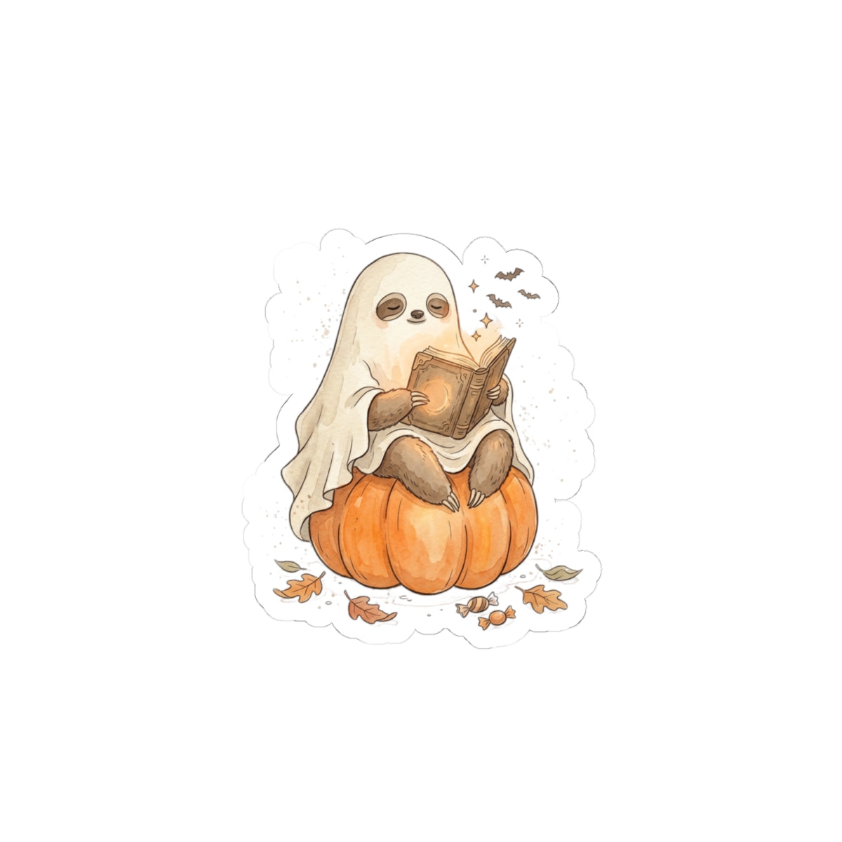 Ghost Sloth on Pumpkin Kiss-Cut Stickers | Spooky Animals Halloween Sticker