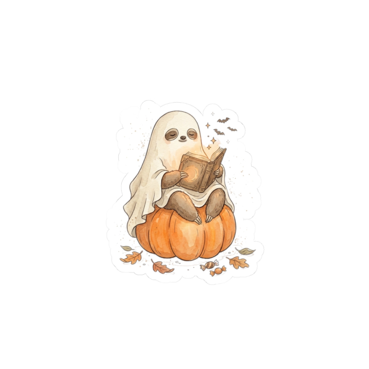 Ghost Sloth on Pumpkin Kiss-Cut Stickers | Spooky Animals Halloween Sticker