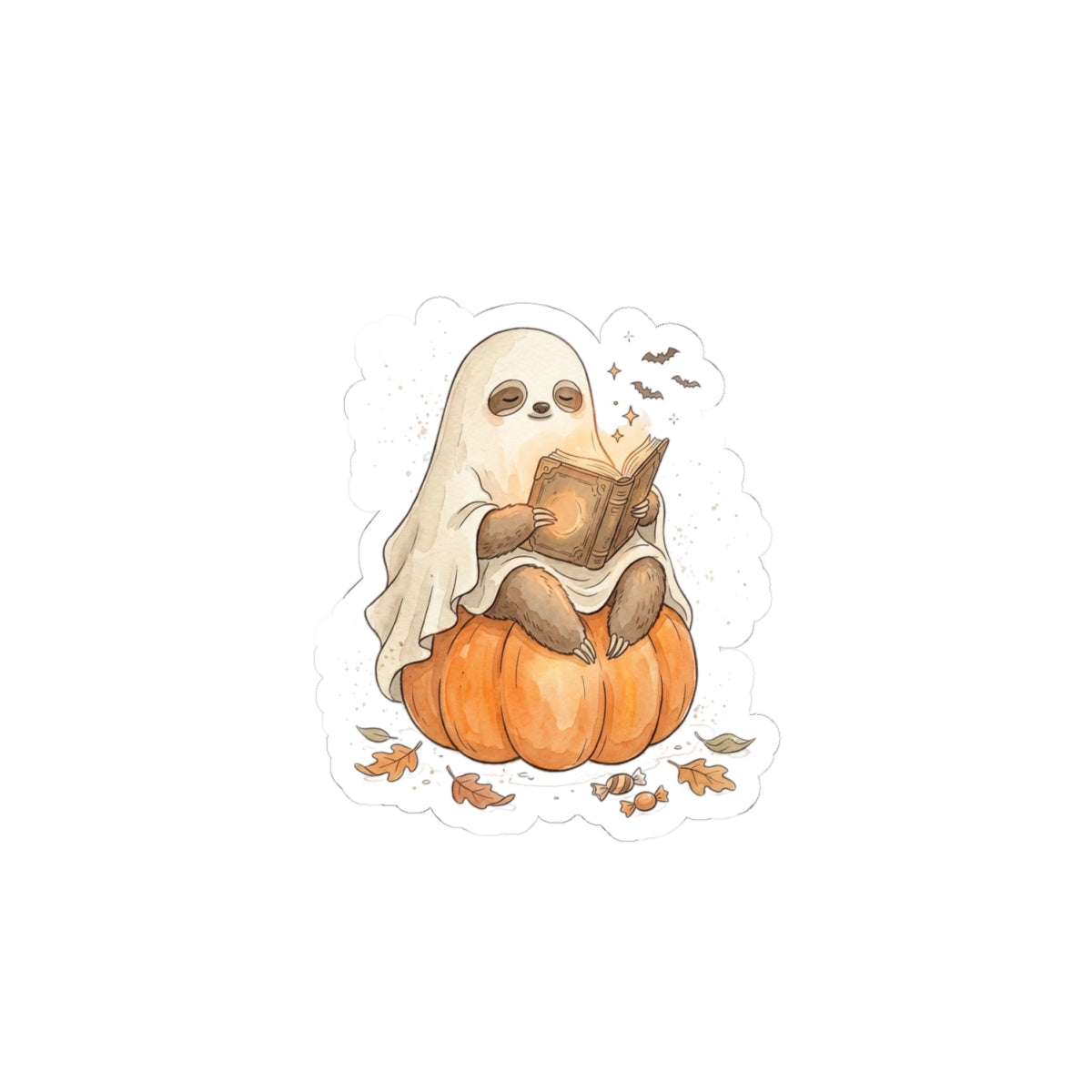 Ghost Sloth on Pumpkin Kiss-Cut Stickers | Spooky Animals Halloween Sticker