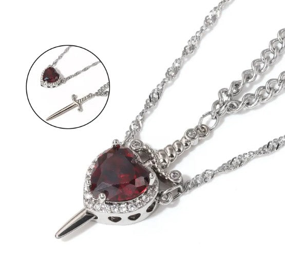 Love Dagger Couple Necklace — Heart Piercing Pendant Set for Two