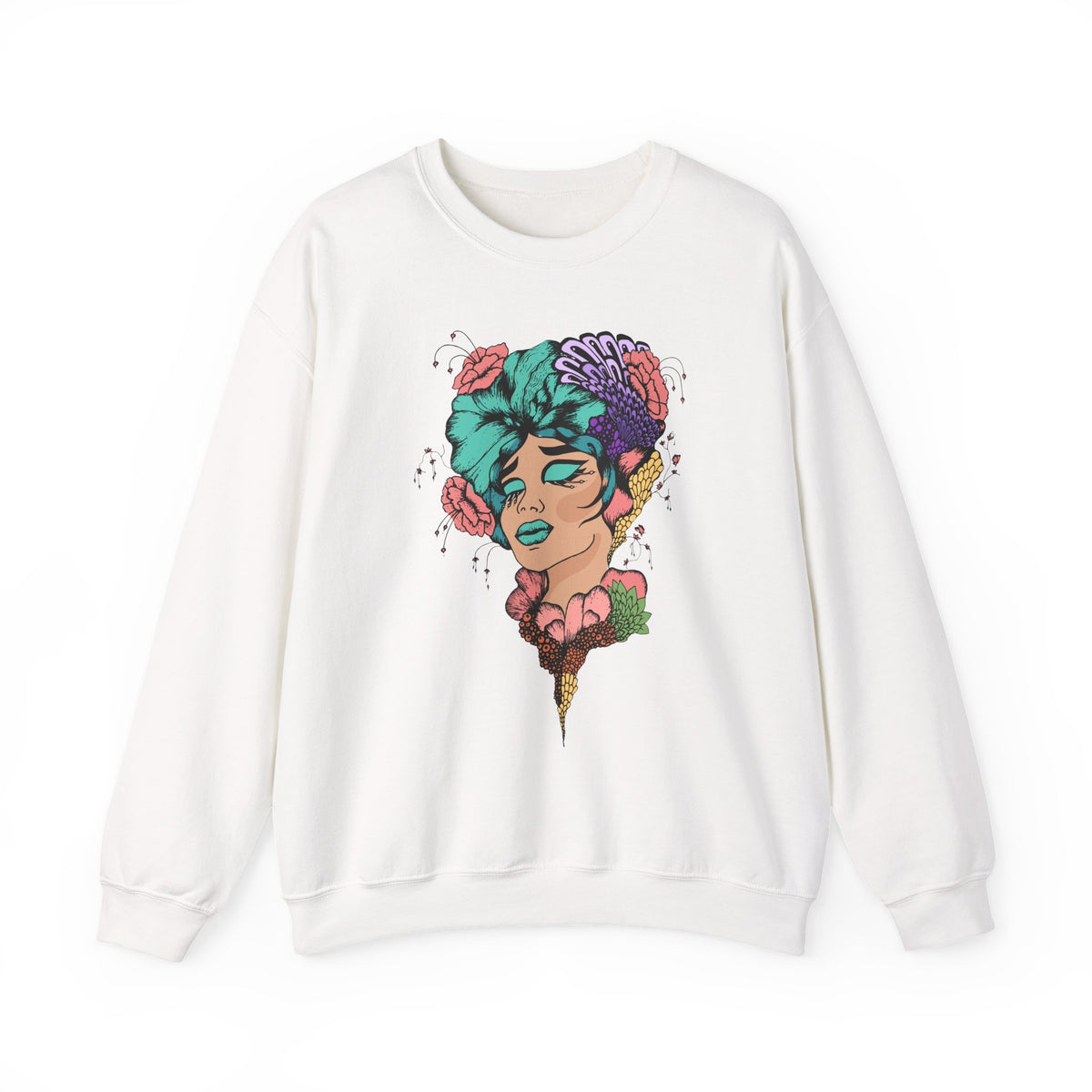 Floral Femme Portrait Sweatshirt — Vibrant Botanical Art Crewneck