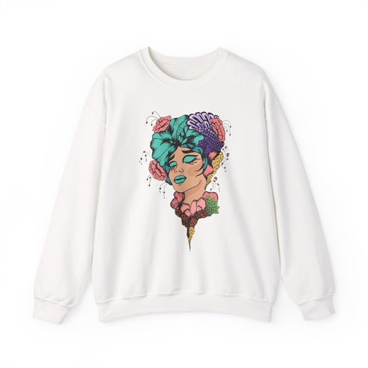 Floral Femme Portrait Sweatshirt — Vibrant Botanical Art Crewneck