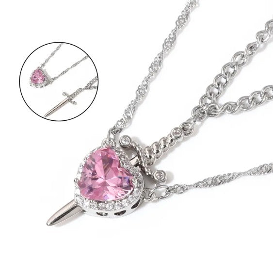 Love Dagger Couple Necklace — Heart Piercing Pendant Set for Two