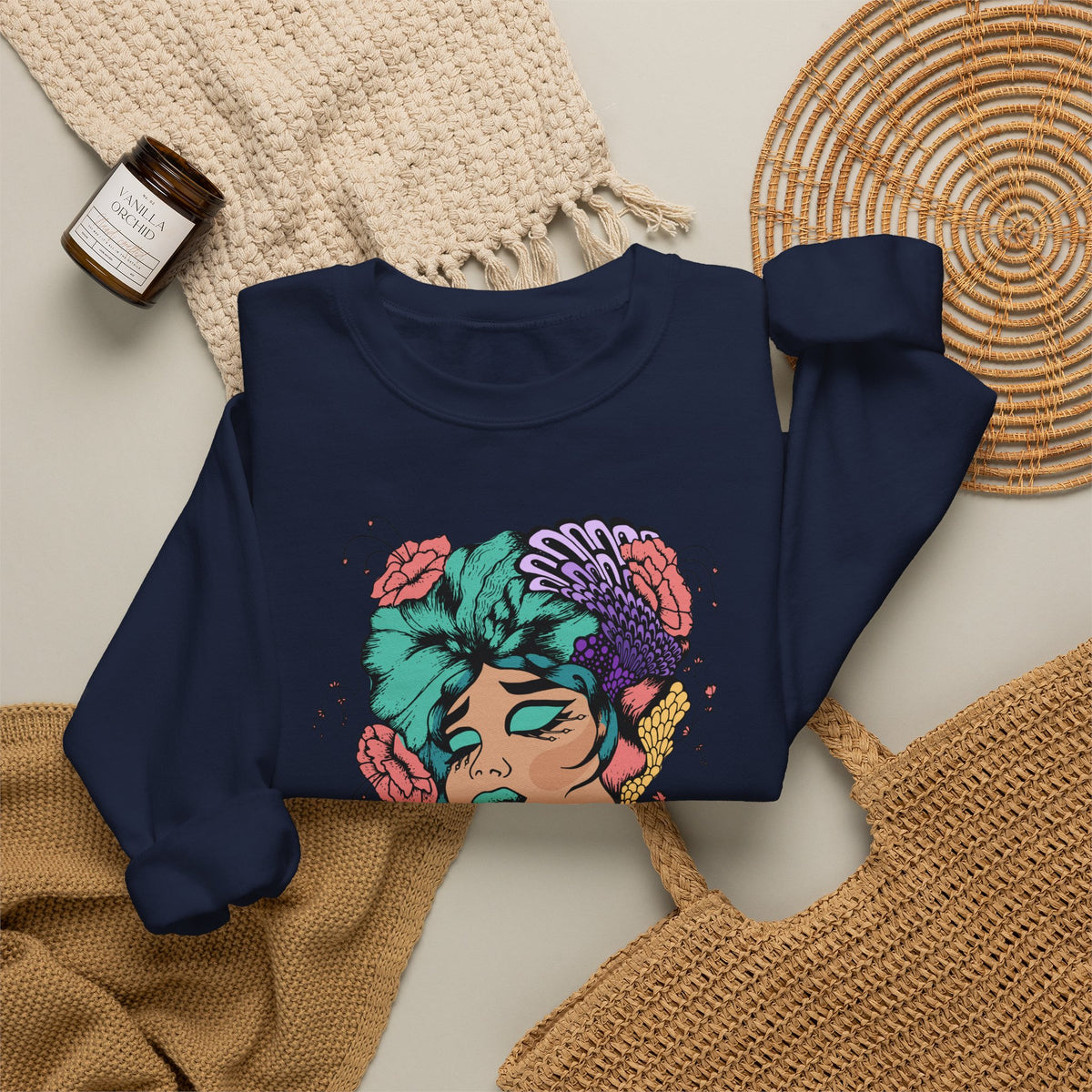 Floral Femme Portrait Sweatshirt — Vibrant Botanical Art Crewneck
