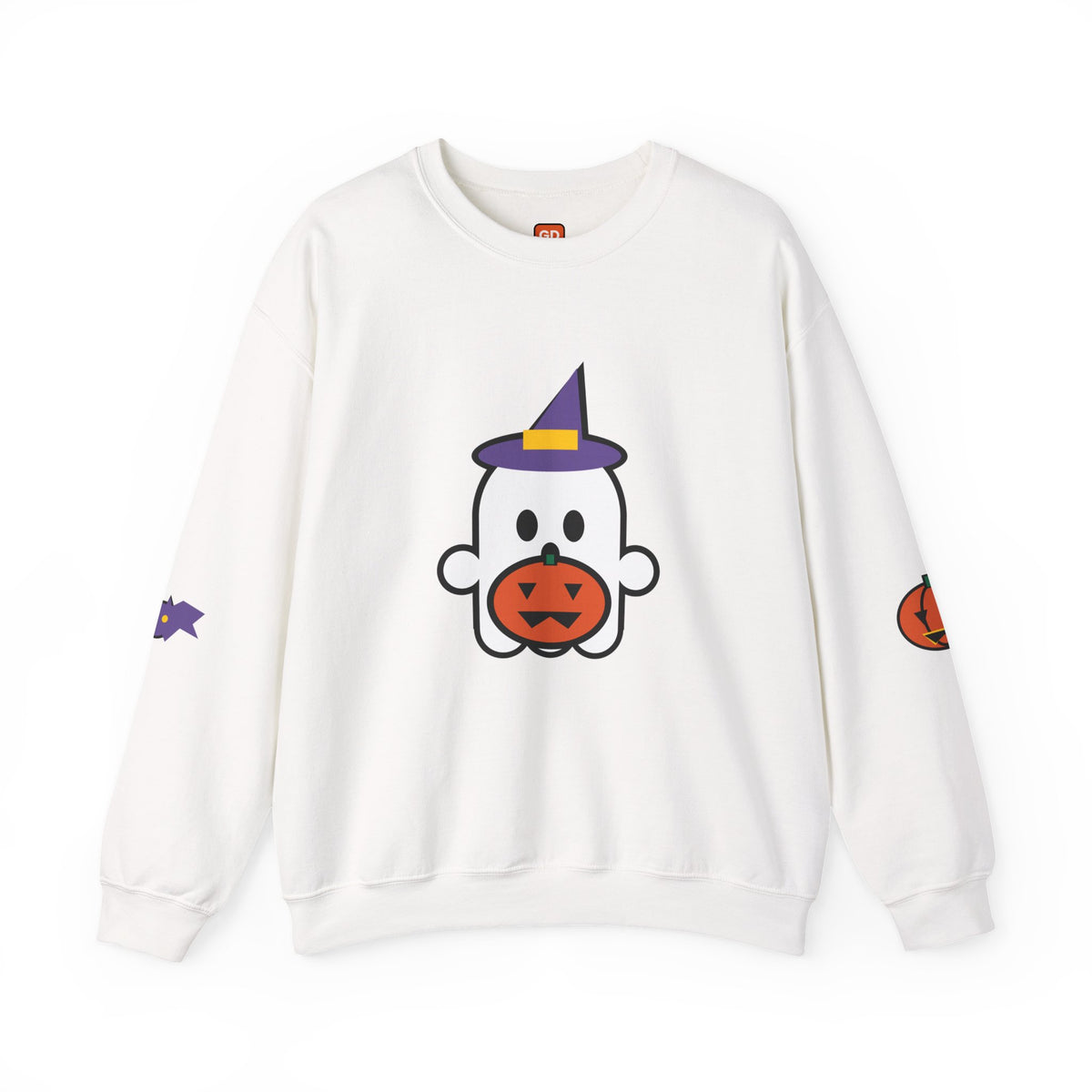 Halloween Ghost Crewneck Sweatshirt — 'BOO!' Pumpkin Hat Graphic