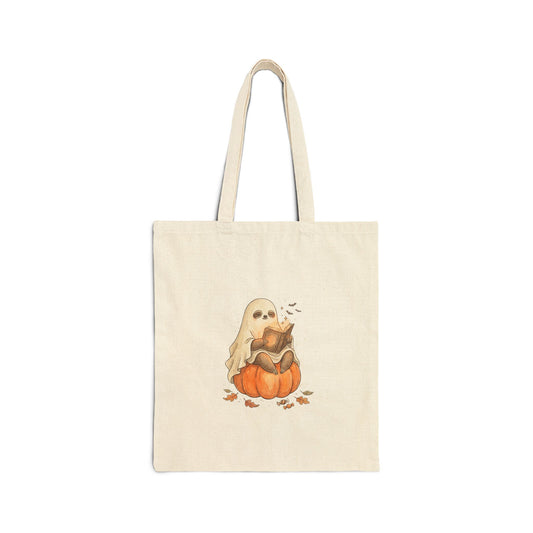 Ghost Cat on Pumpkin Tote | Spooky Animals Halloween Illustration