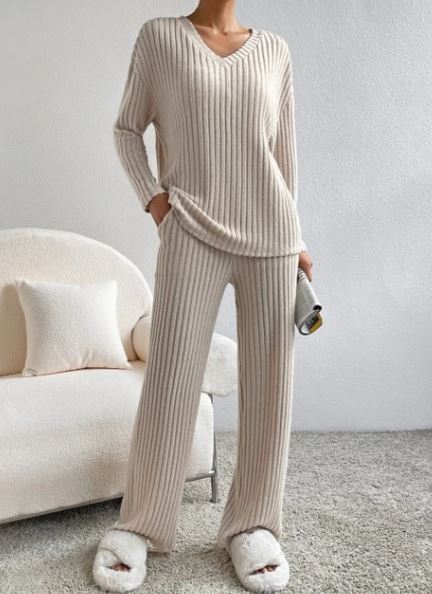 Ribbed Knit 2-Piece Loungewear Set — Henley Top & Flare Trousers