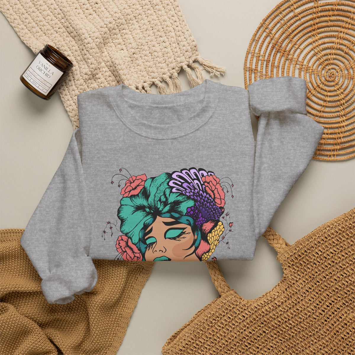 Floral Femme Portrait Sweatshirt — Vibrant Botanical Art Crewneck