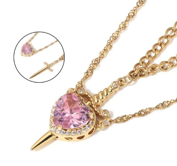 Love Dagger Couple Necklace — Heart Piercing Pendant Set for Two