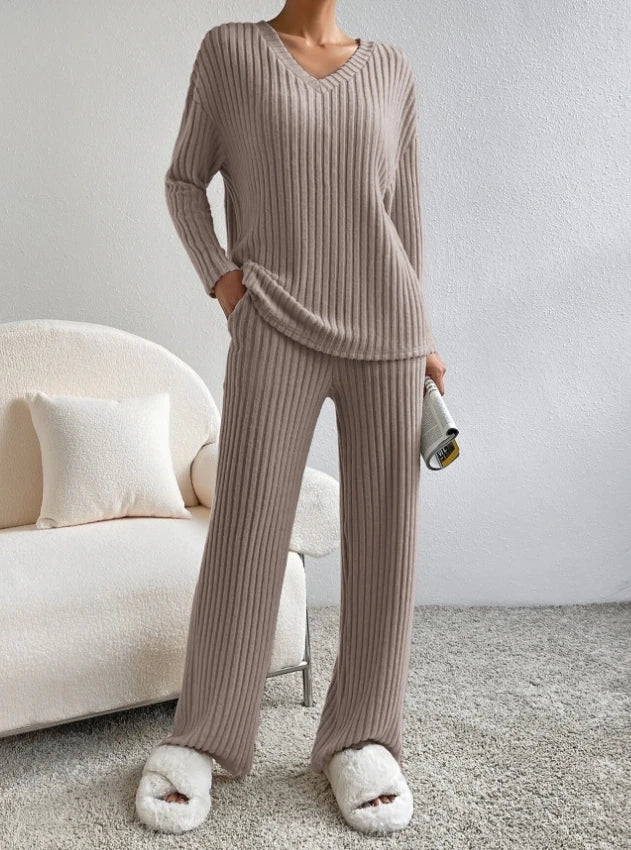 Ribbed Knit 2-Piece Loungewear Set — Henley Top & Flare Trousers