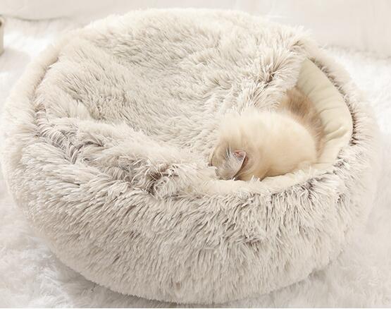 2-in-1 Pet Bed — Round Plush Warm Bed for Cats & Small Dogs