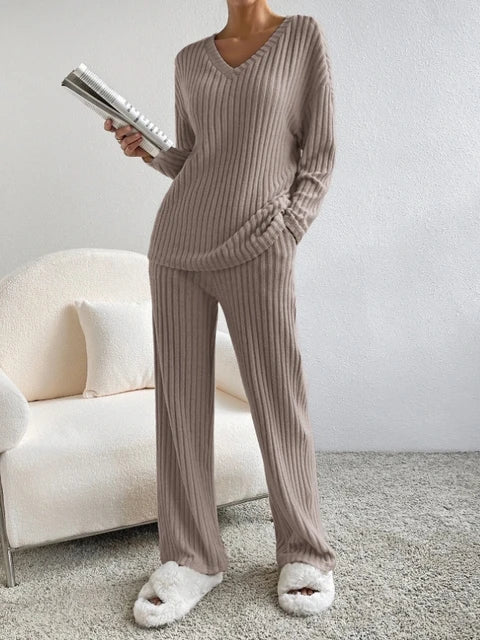 Ribbed Knit 2-Piece Loungewear Set — Henley Top & Flare Trousers