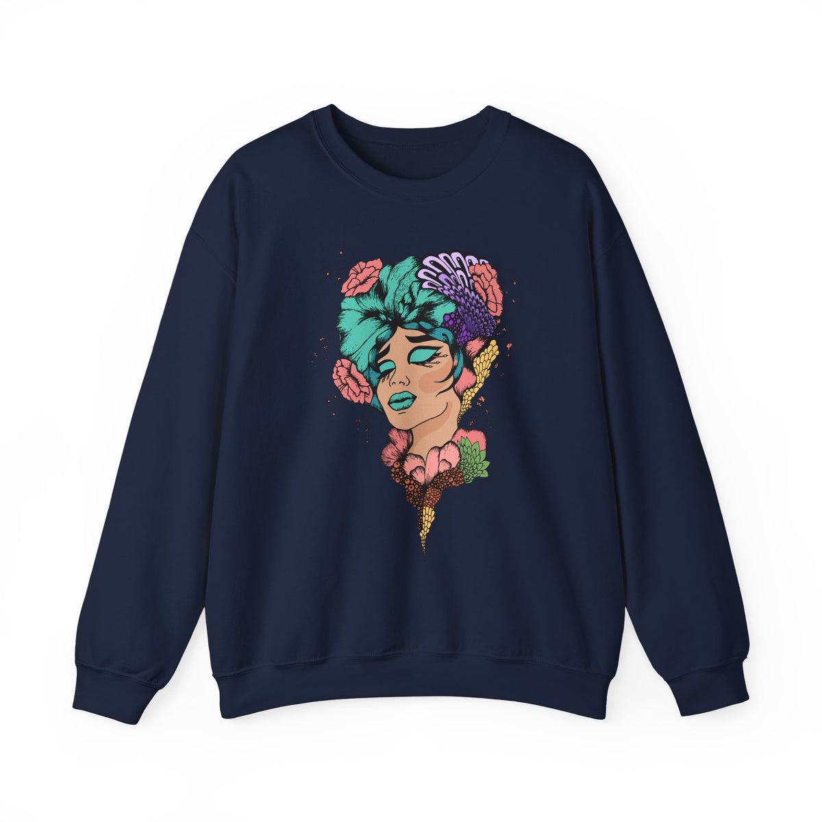Floral Femme Portrait Sweatshirt — Vibrant Botanical Art Crewneck