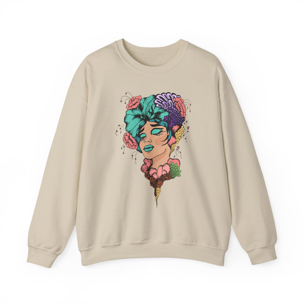 Floral Femme Portrait Sweatshirt — Vibrant Botanical Art Crewneck