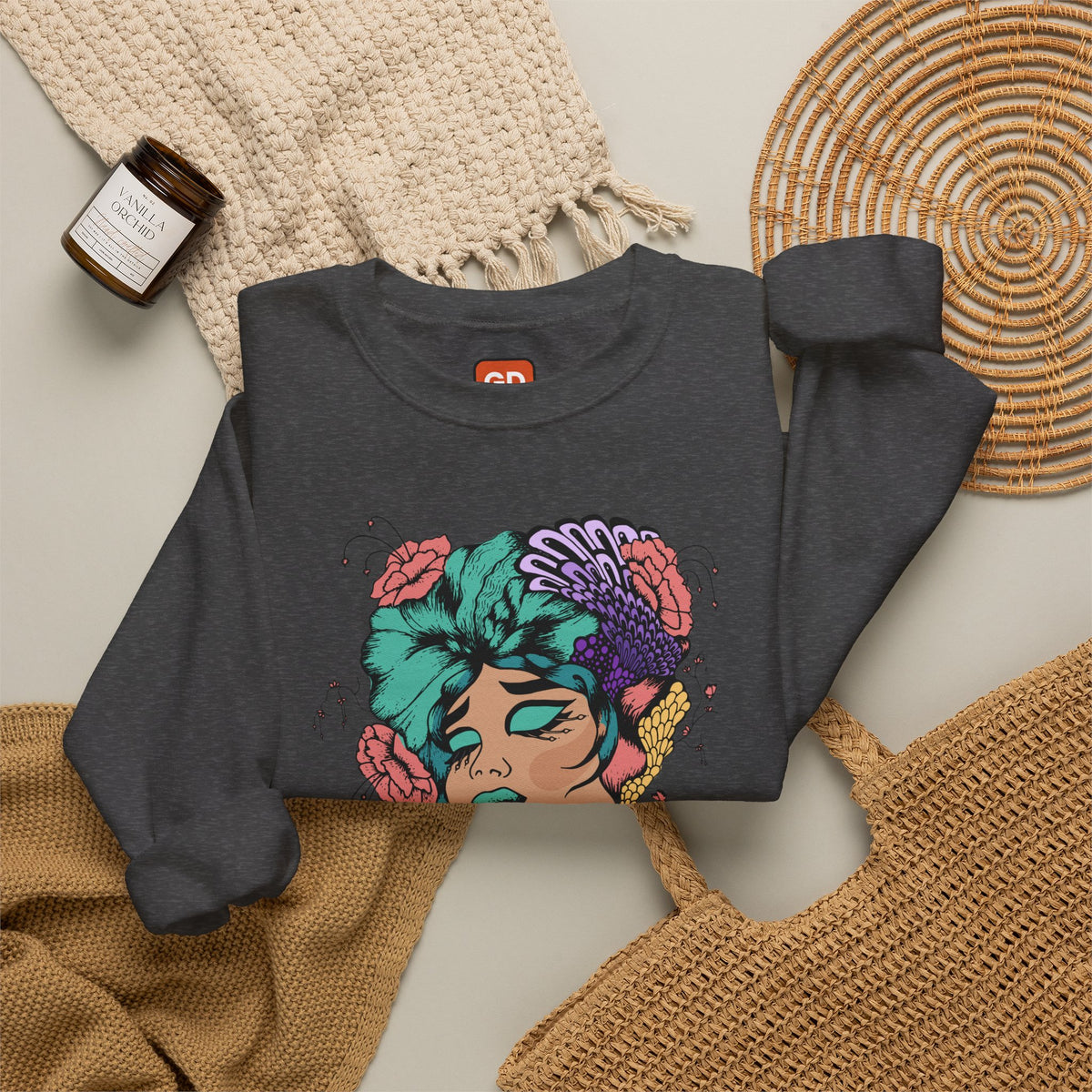 Floral Head Portrait Sweatshirt — "Thank You" Radiant Back Crewneck