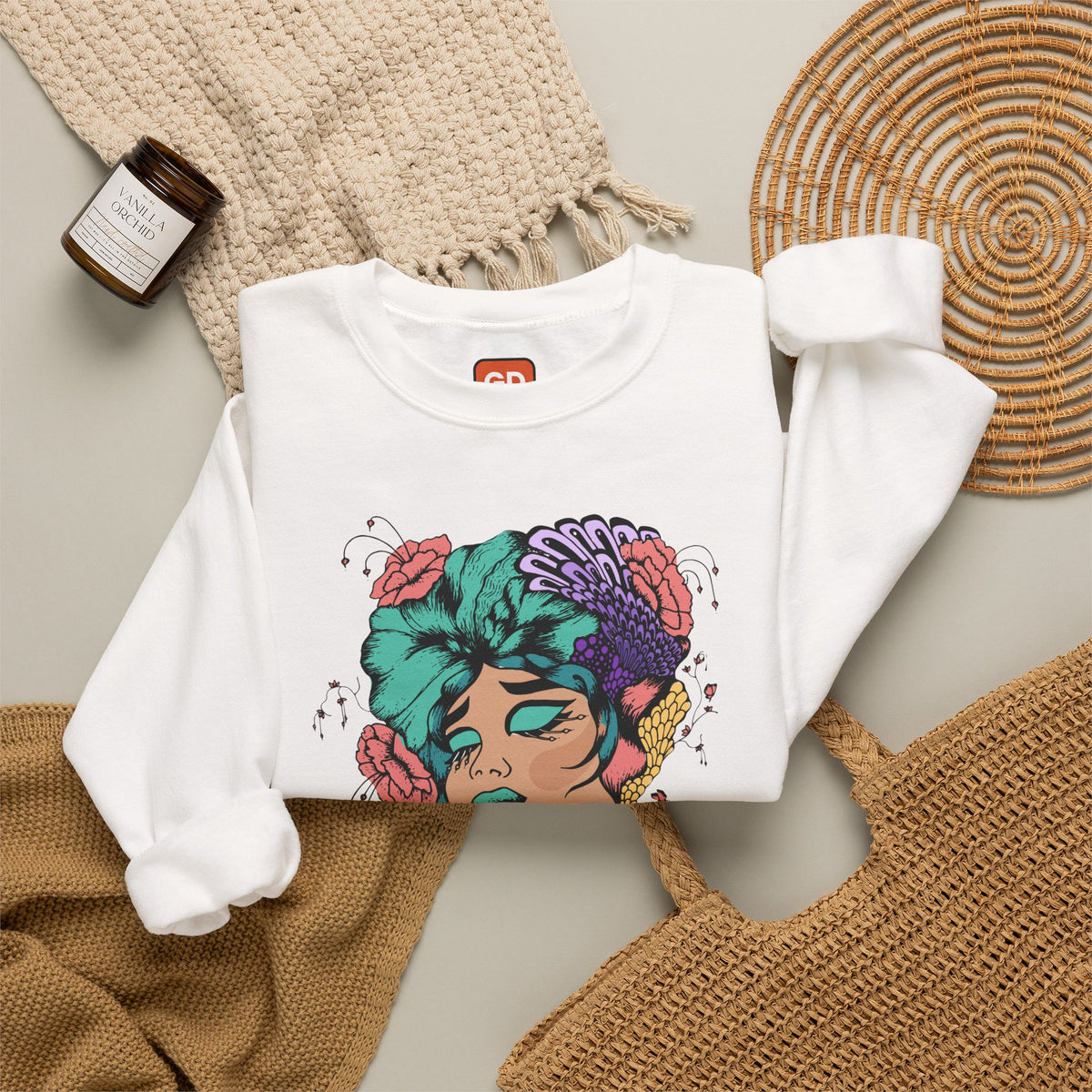 Floral Head Portrait Sweatshirt — "Thank You" Radiant Back Crewneck