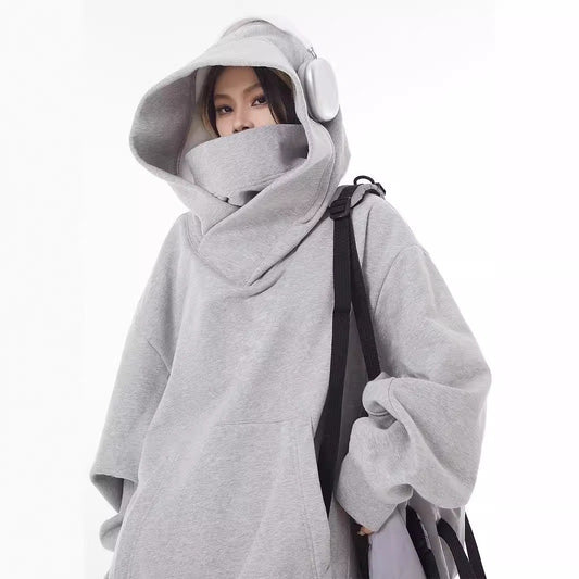 Loose High Collar Fleece-Lined Hoodie — Oversized Warm Sweater for Women