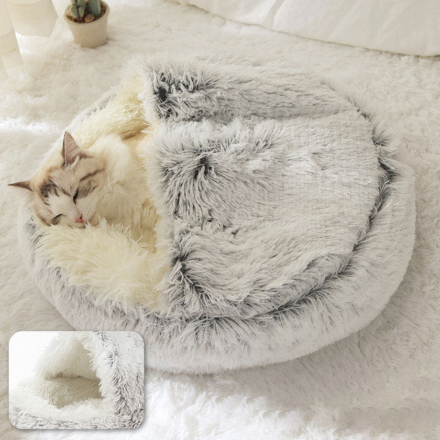 2-in-1 Pet Bed — Round Plush Warm Bed for Cats & Small Dogs