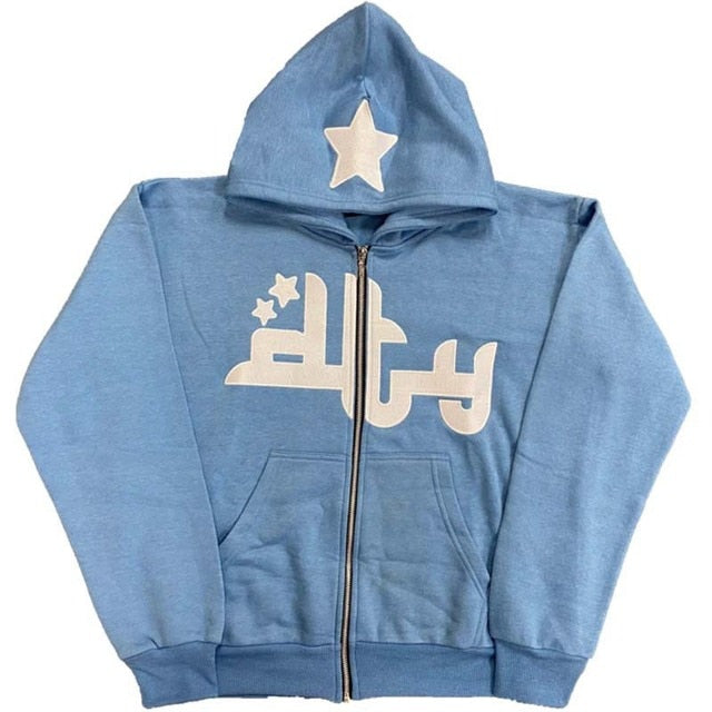 Star Print Zip-Up Hoodie — 3D Sports Graphic Fleece Jacket