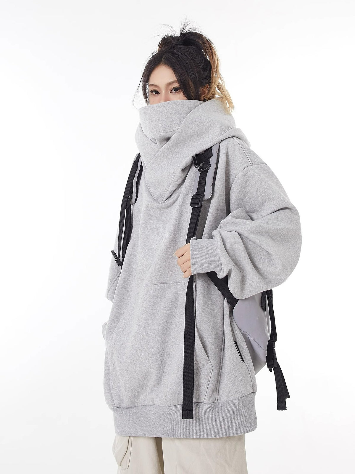 Loose High Collar Fleece-Lined Hoodie — Oversized Warm Sweater for Women