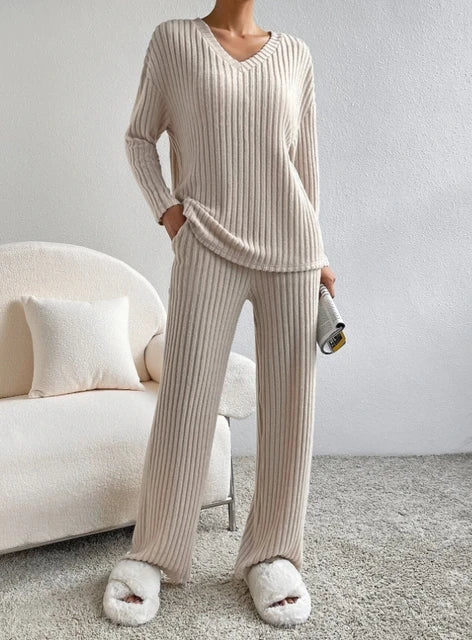 Ribbed Knit 2-Piece Loungewear Set — Henley Top & Flare Trousers