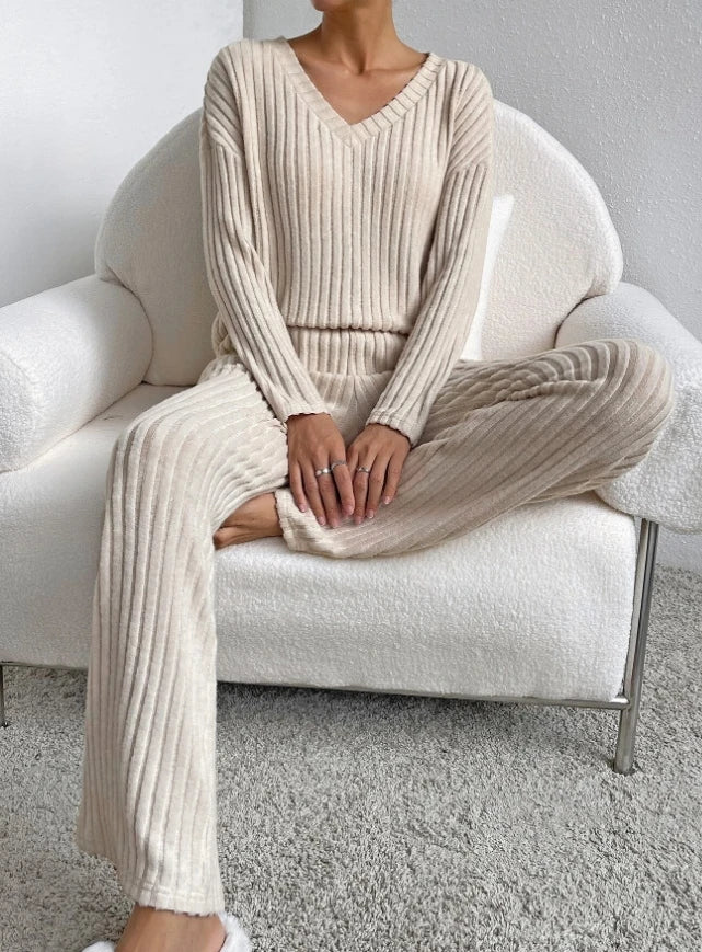 Ribbed Knit 2-Piece Loungewear Set — Henley Top & Flare Trousers