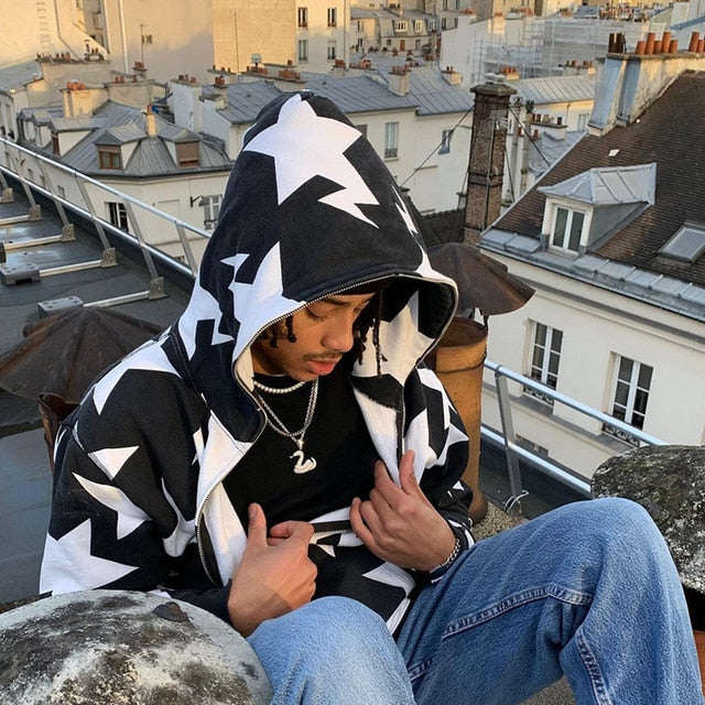 Star Print Zip-Up Hoodie — 3D Sports Graphic Fleece Jacket