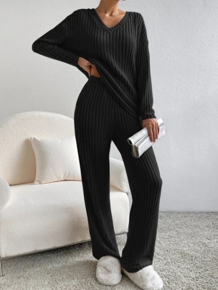 Ribbed Knit 2-Piece Loungewear Set — Henley Top & Flare Trousers