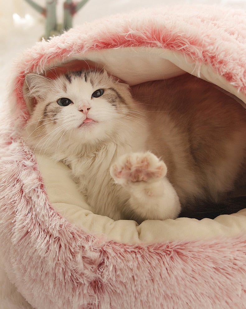 2-in-1 Pet Bed — Round Plush Warm Bed for Cats & Small Dogs