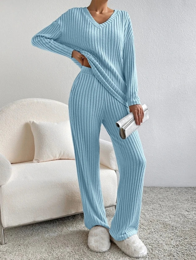 Ribbed Knit 2-Piece Loungewear Set — Henley Top & Flare Trousers
