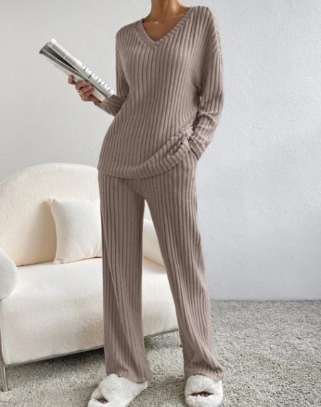 Ribbed Knit 2-Piece Loungewear Set — Henley Top & Flare Trousers