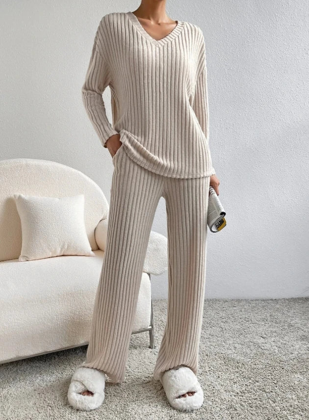 Ribbed Knit 2-Piece Loungewear Set — Henley Top & Flare Trousers