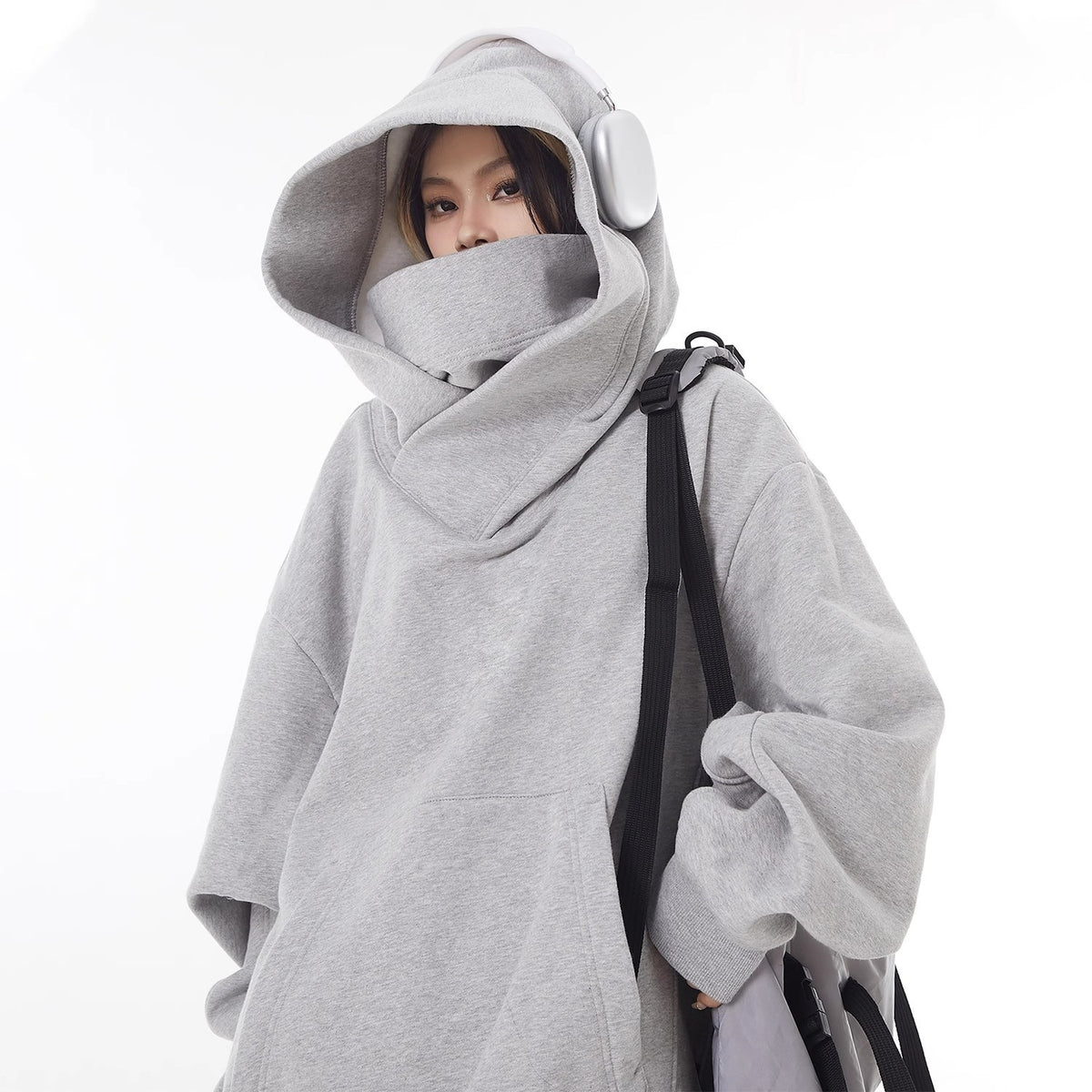 Loose High Collar Fleece-Lined Hoodie — Oversized Warm Sweater for Women