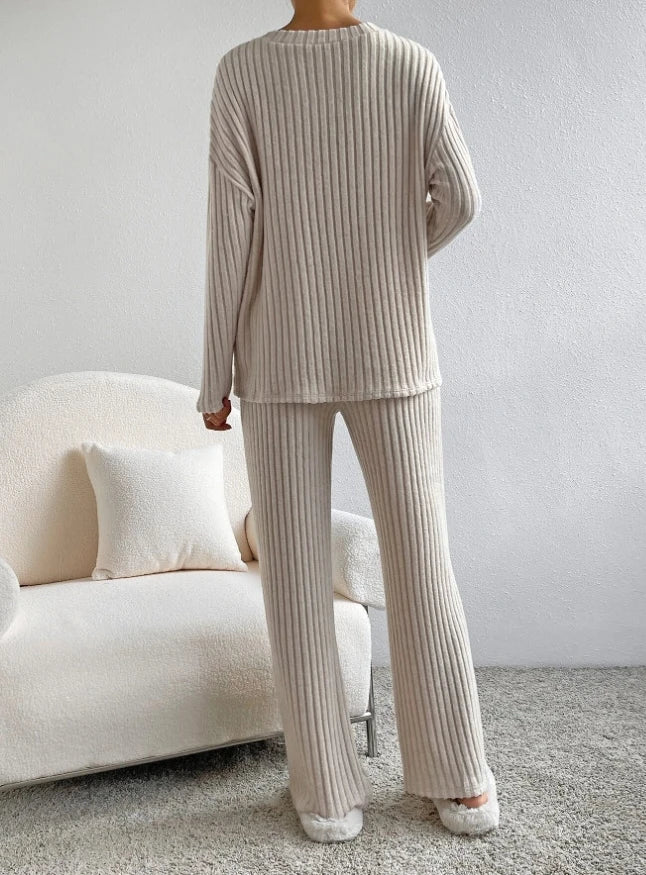 Ribbed Knit 2-Piece Loungewear Set — Henley Top & Flare Trousers