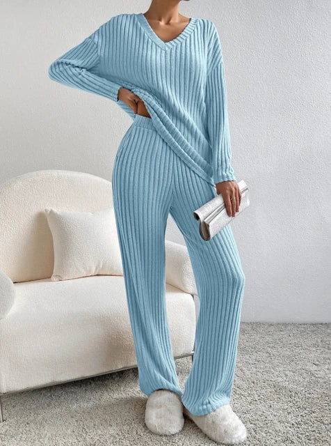 Ribbed Knit 2-Piece Loungewear Set — Henley Top & Flare Trousers