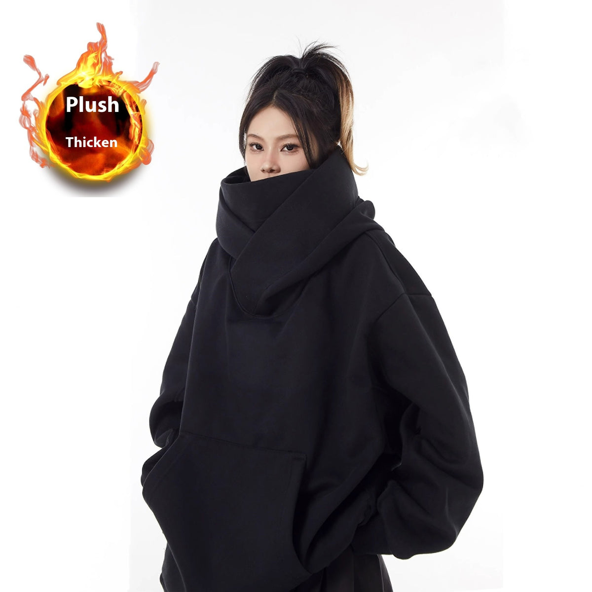 Loose High Collar Fleece-Lined Hoodie — Oversized Warm Sweater for Women