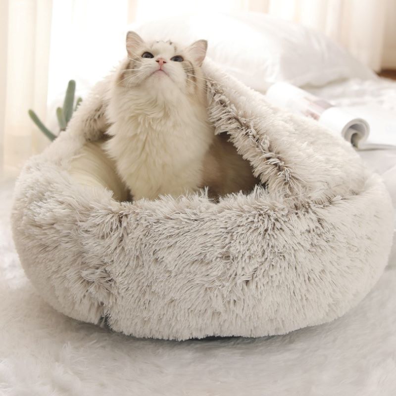 2-in-1 Pet Bed — Round Plush Warm Bed for Cats & Small Dogs